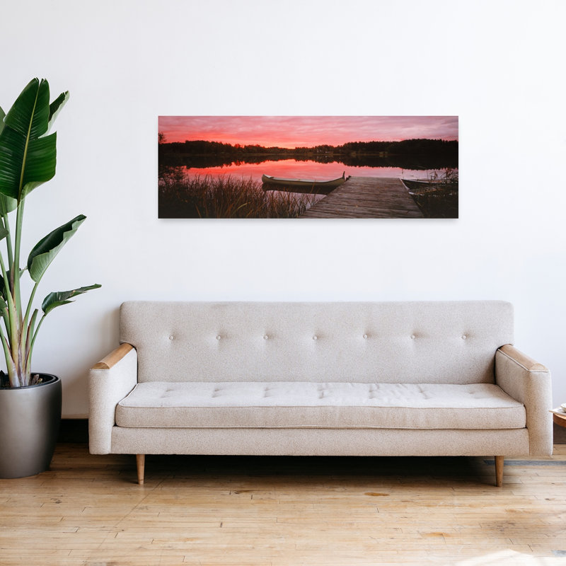 Canoe tied to dock on a small lake at sunset Sweden 1 Piece Wrapped Canvas Panoramic Wall Art, 40.64 cm H x 121.92 cm W