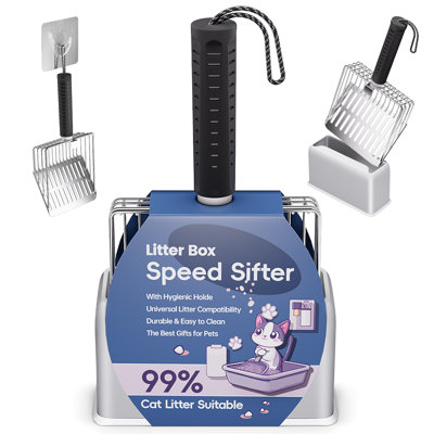 Stainless Steel Cat Litter Scoop With Holder Metal Scooper, Stainless Steel Poop Sifting Tool, Durable Non-stick Heavy Duty Sifter, Easy Clean With Hook(black) Suitable For All Litter Boxes