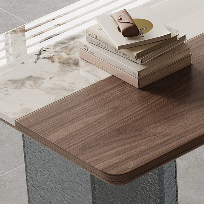Noyer brun + pierre frittée rectangulaire beige + bois massif + bureau en acrylique, H 29,53 po x l 94,49 po x P 31,5 po