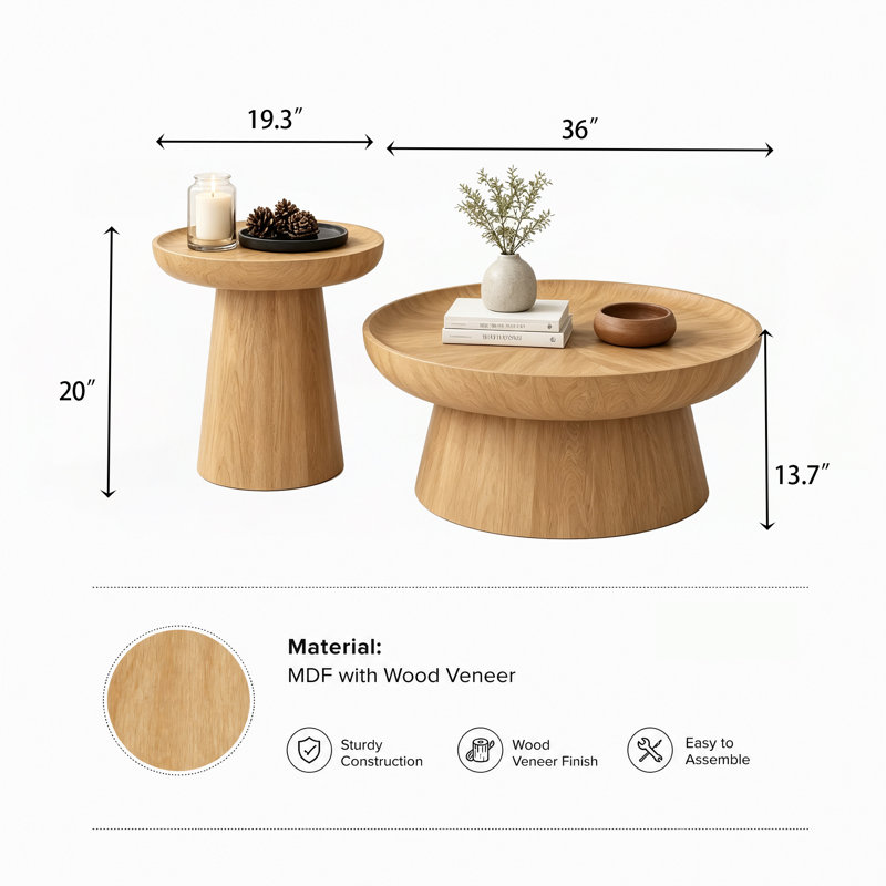 Ensemble de 2 tables basses rondes en bois naturel, ensemble de tables basses gigognes en bois massif pour le salon