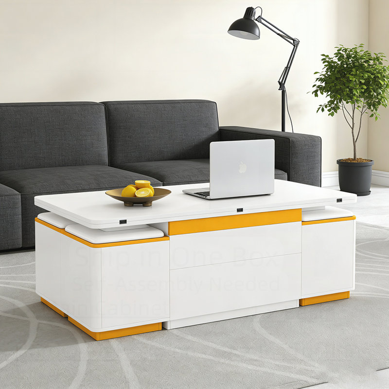 Luxueuse table basse ultra-brillante avec plateau relevable et tabourets de rangement pour la vie moderne., Blanc