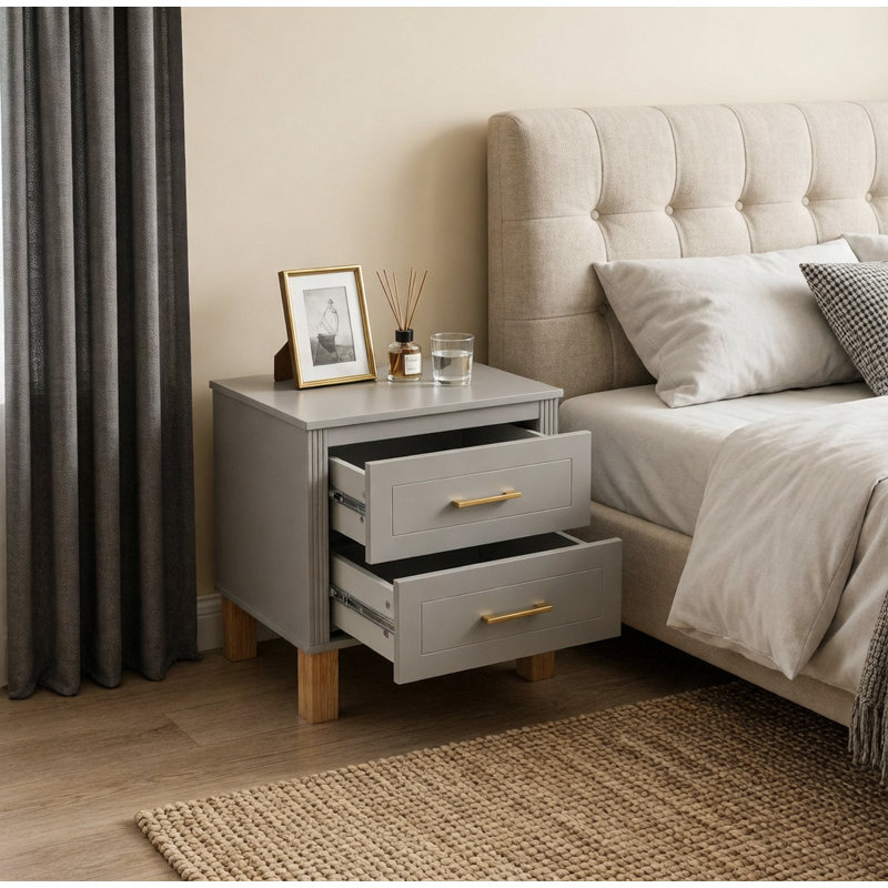 Table de chevet 2 tiroirs Premium avec poignées en métal pour la chambre à coucher ou le salon, Gray