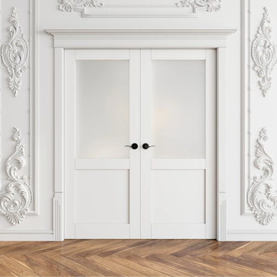 Interior Frosted Glass Panelled French Doors Solid Double Doors With Hardware Kit / Handles
