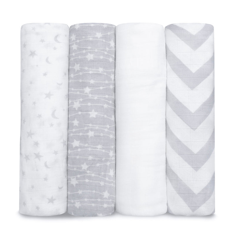 Comfy Cubs Large Grey and White Muslin Cotton Swaddle Blankets Set