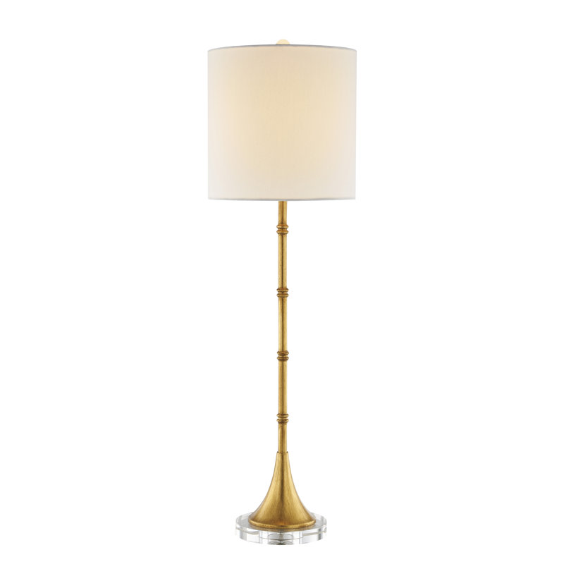 Lampe de table en bambou doré avec abat-jour tambour blanc