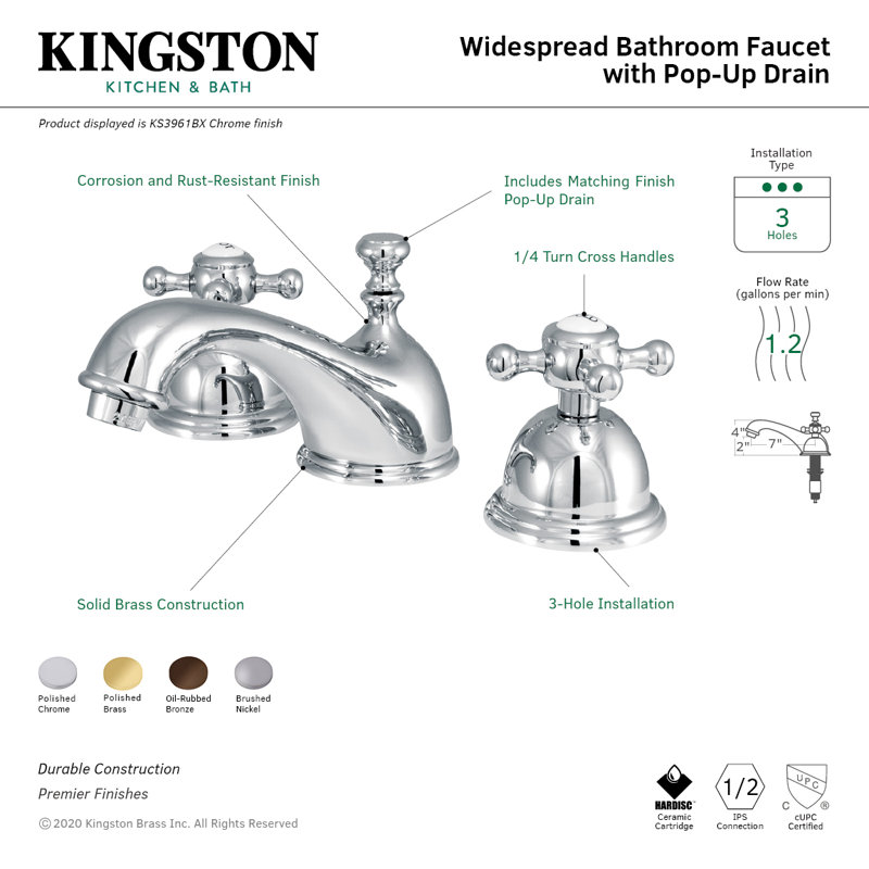 Robinet de salle de bain espacé à deux poignées à fixation sur le comptoir à 3 trous avec bonde escamotable en laiton Kingston