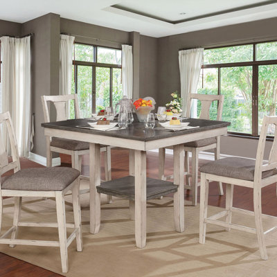 Dining Room Rustic Style Antique White 5Pc Dining Set Counter Height Table W Shelf Unique High Chairs Furniture (Dining Set)