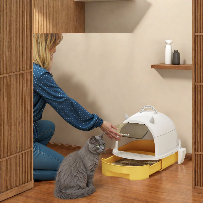 Bacs à litière et bacs à litière couverts pour chat, maison jaune portable