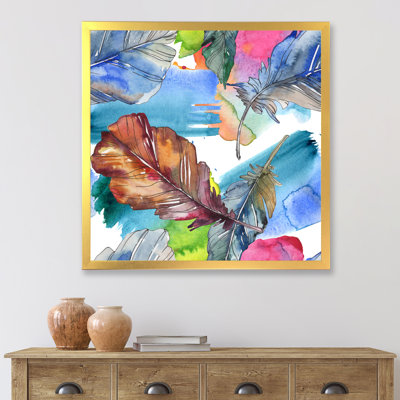 Plume d'oiseau en bleu et rose - peinture sur toile à cadre flottant