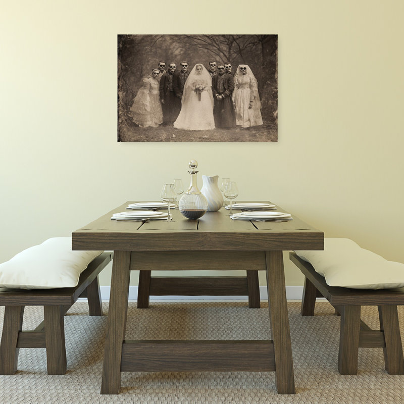 Tableau abstrait gothique vintage représentant un squelette dans une forêt, avec une fête de mariage., 24" H x 36" W