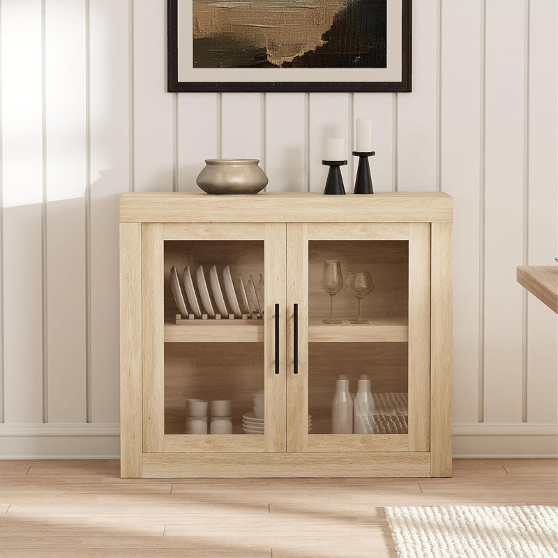 35.4" Sideboard Buffet Cabinet with Storage, Mid Century Modern Accent Cabinet with 2 Glass Doors, Wood Coffee Bar Media Console Credenza for Living Room, Kitchen, Hallway