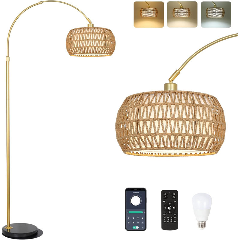 Gold Rattan Arc Floor Lamp With Remote, Dimmable Bulb & 3 Color Temps For Living Room, Bedroom - Height Adjustable