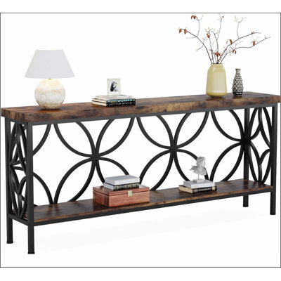 70.9 Inches Extra Long Industrial Console Table, Narrow Sofa Table Behind Couch with Open Storage Shelves, Rustic Entryway Table for Hallway, Foyer, or Living Room, Metal Frame