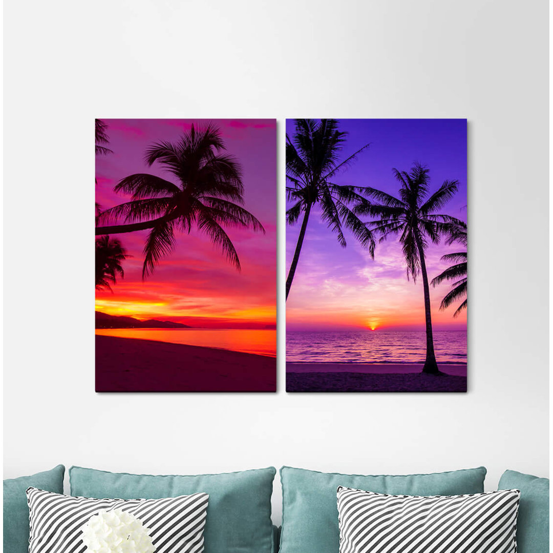 2-tlg. Leinwandbilder-Set - Grafikdruck „Palm Trees Paradise Dream Beach Red Sky Sunset Sea Dream Vacation”