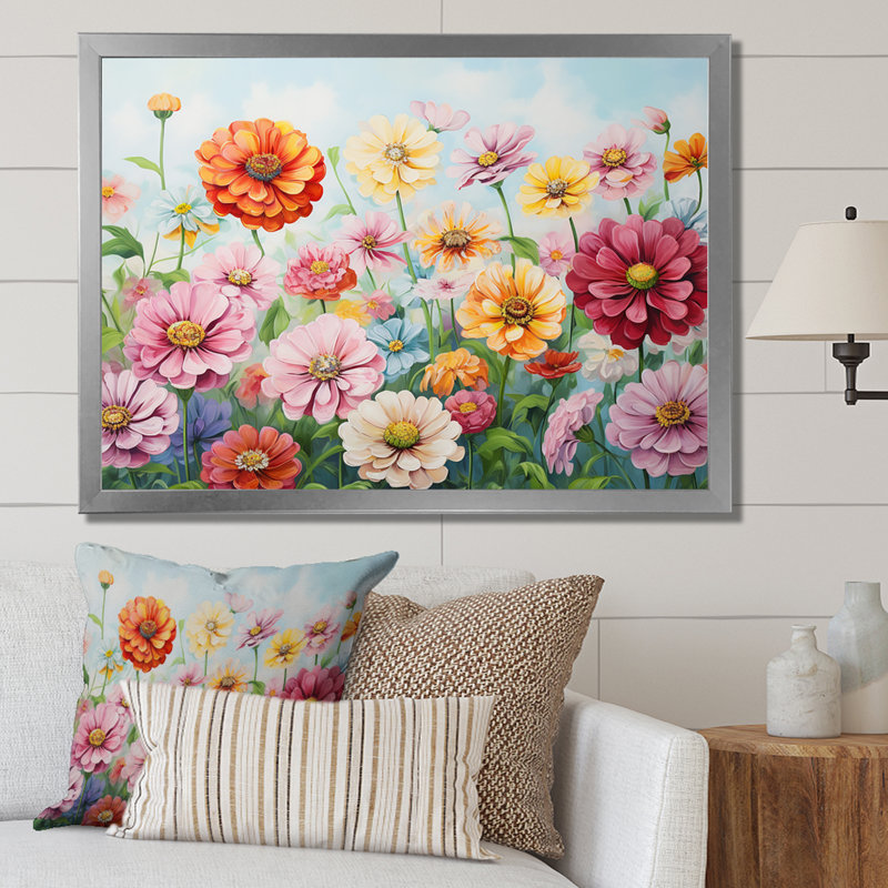 «Zinnias Farmhouse Field Charm II», reproduction sur toile, Cadre simple argenté, H 24 po x l 32 po x P 1 po