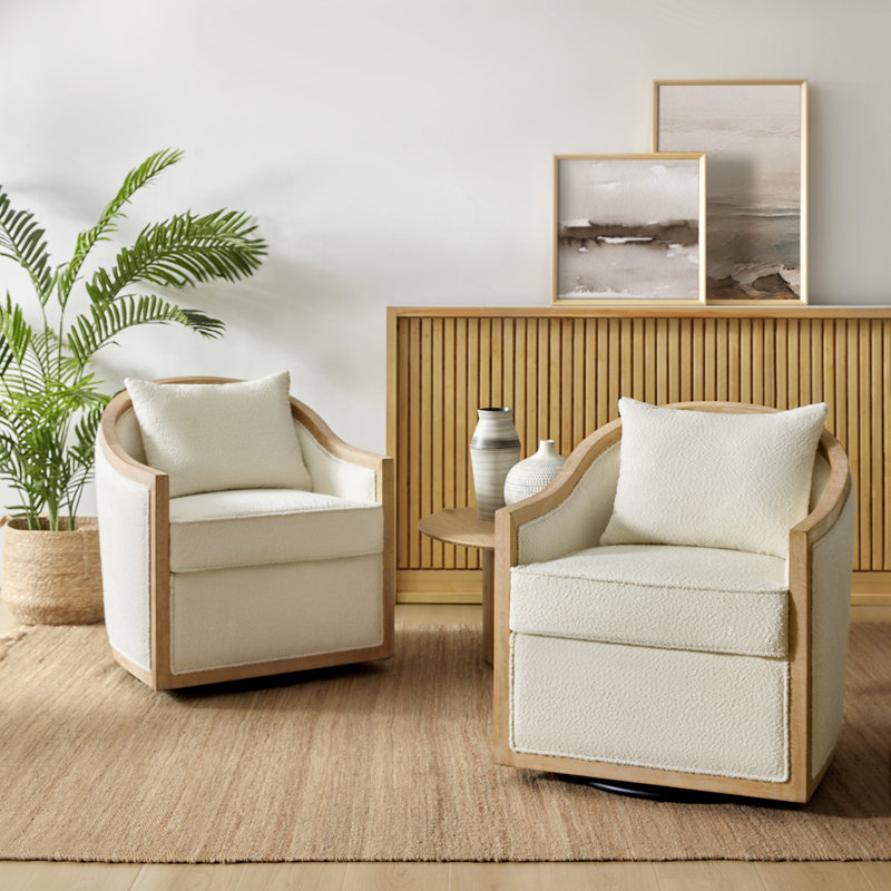 Meredy Jess Modern Farmhouse Edging Swivel Barrel Chair with Toss Pillows (Set of 2)