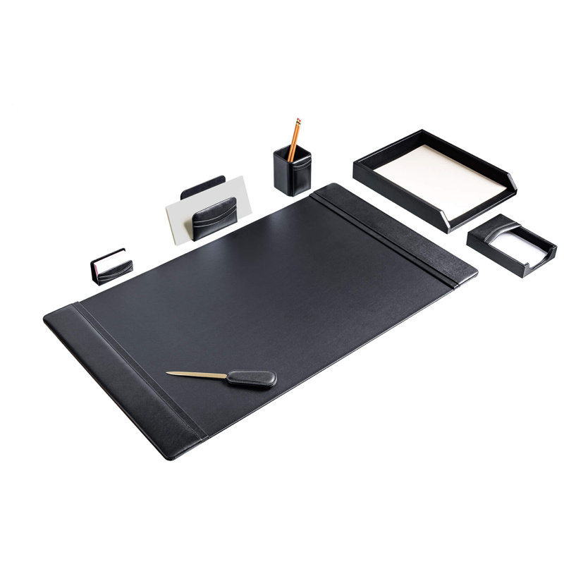 Black Leather 7-Piece Desk Organizer Set with Felt Backing