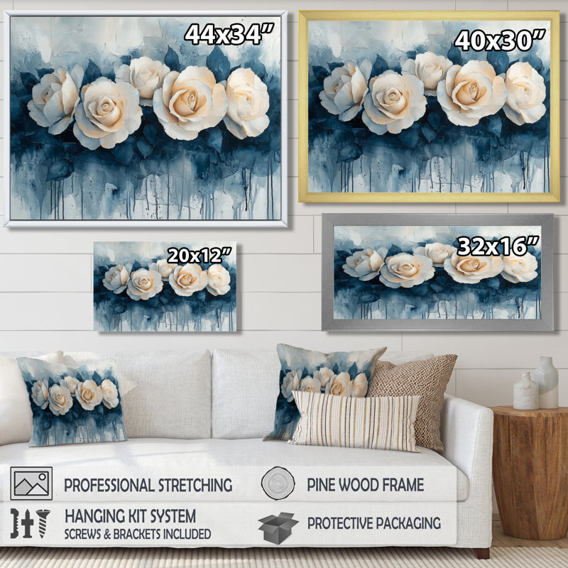 Elegant Aqua Winter Roses Elegance - Roses, art mural, H 16 po x l 32 po, Reproduction encadrée d'une seule photo sans pass