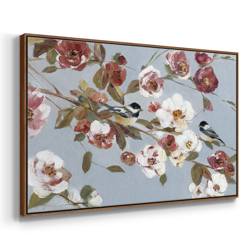Chickadees And Blossoms II, reproduction d'art sur toile, H 17 po x l 25 po x P 2 po, Noyer