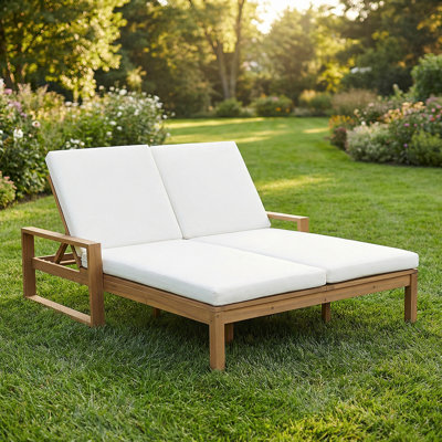 Adjustable Outdoor Double Lounge Chair With Cushions - Solid Wood Patio Chaise For Poolside, Garden, Or Balcony