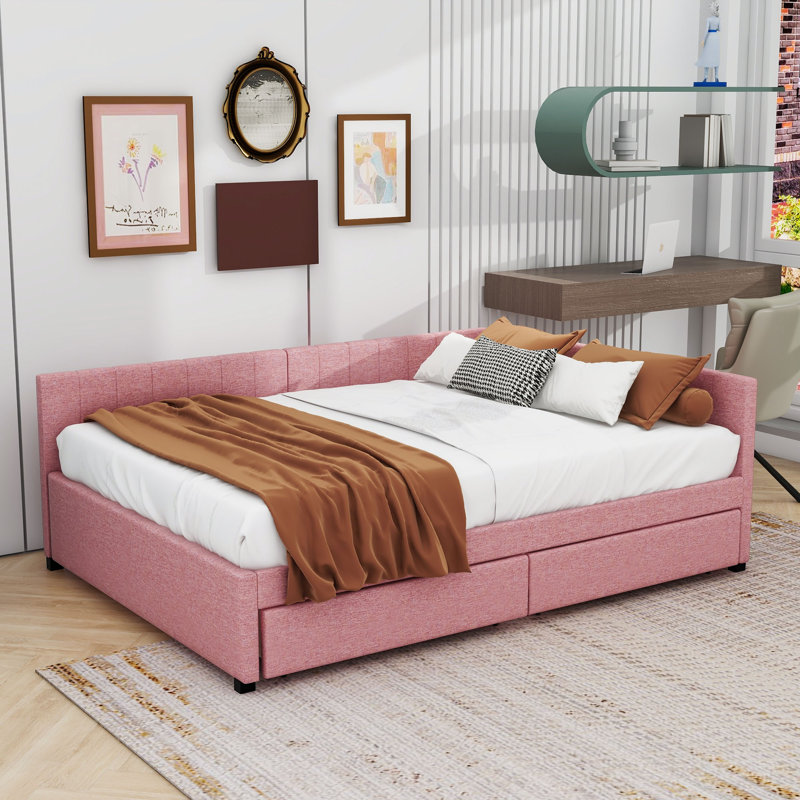 Full Upholstered Sofa Daybed with Drawers, Pink