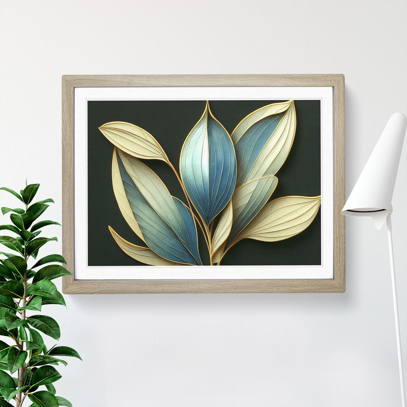 Art Deco Plant Leaf Vol.4 - Single Picture Frame Print, 25cm H x 34cm W x 2cm D, Oak Framed