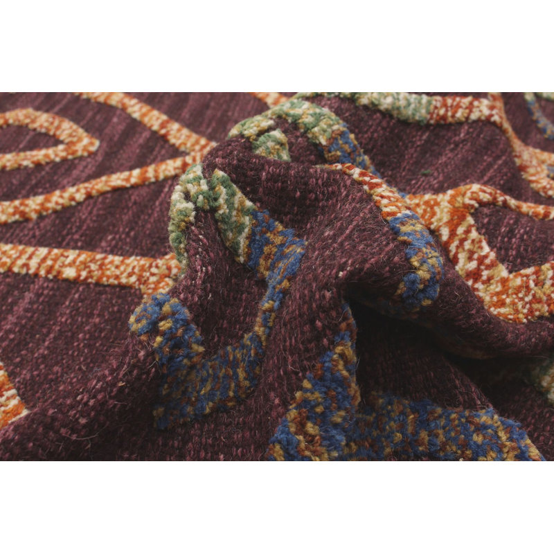 Tapis bourgogne foncé en laine tissé à la main de conception unique 5 pi 5 po x 7 pi 4 po Phyllida