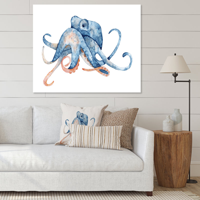 Pieuvre bleue sur blanc - reproduction sur toile, H 24 po x l 32 po x P 1 po, Toile tendue