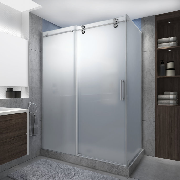 Langham XL 64" W x 80" H Frameless Rectangle Sliding Shower Enclosure with Fixed Panel