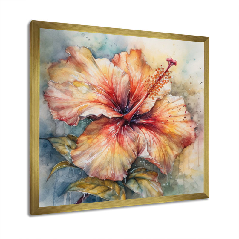 Hibiscus Euphoria II gris orange de Rrahim - art mural hibiscus, Cadre doré, H 30 po x l 30 po