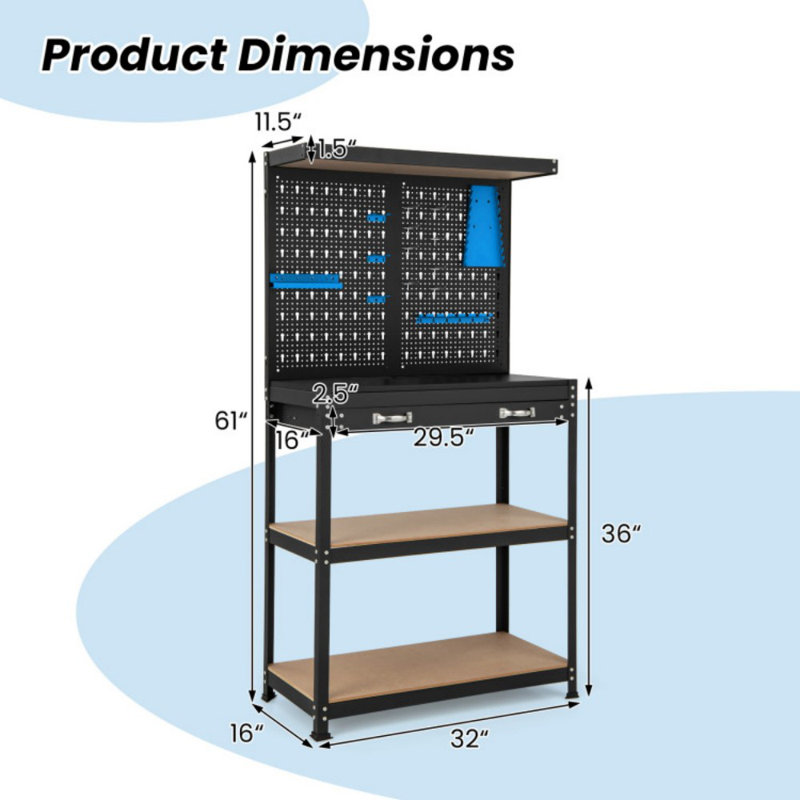Tool Storage Workbench With Pegboard With 14 Hanging Accessories For Garage, Blue