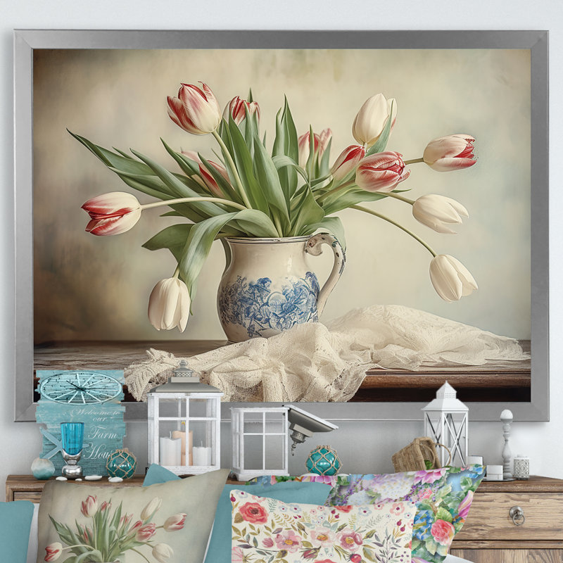Tulipes, bouquet de natures mortes VI sur toile, Cadre simple argenté, H 12 po x l 20 po x P 1 po