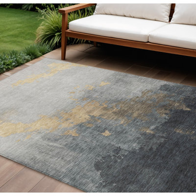 Tapis intérieur/extérieur lavable, motif abstrait or et anthracite, 3 m x 4,25 m