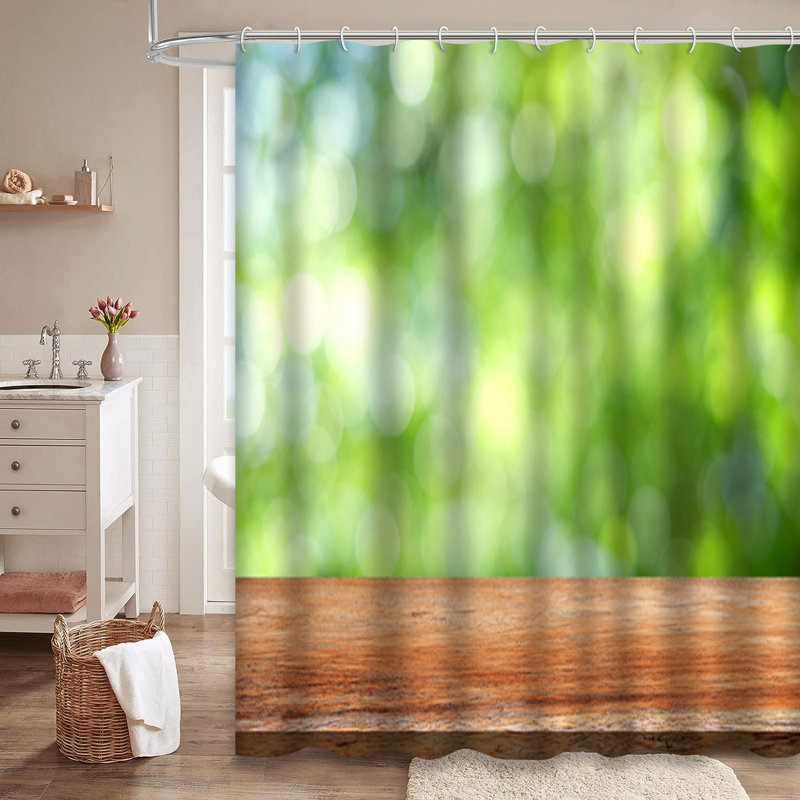 Rideau de douche brun à motif abstrait en bois vert avec 12 crochets, L 72 po x l 72 po