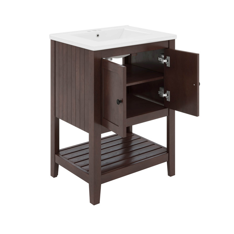 Lavabo de salle de bain moderne élégant en céramique 24 po avec tablette ouverte, Brun