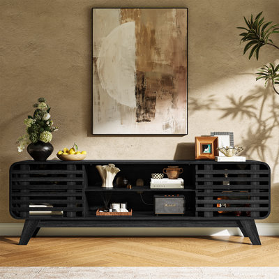 70" Mid-Century Modern TV Stand for TVs up to 80 Inch, Wooden Media Console Entertainment Center with Slatted Sliding Doors, Adjustable Shelves & Cable Management for Living Room,Black