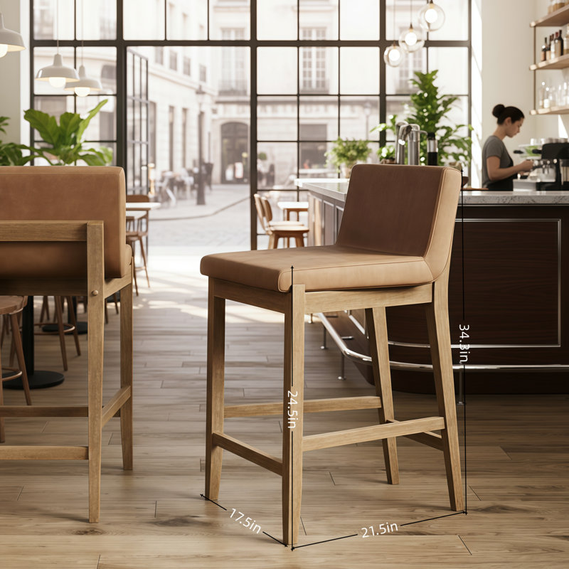 Tabourets de bar modernes brun clair avec dossiers, coussins en polyuréthane et pieds en bois brossé; Simple mais sophistiqué.