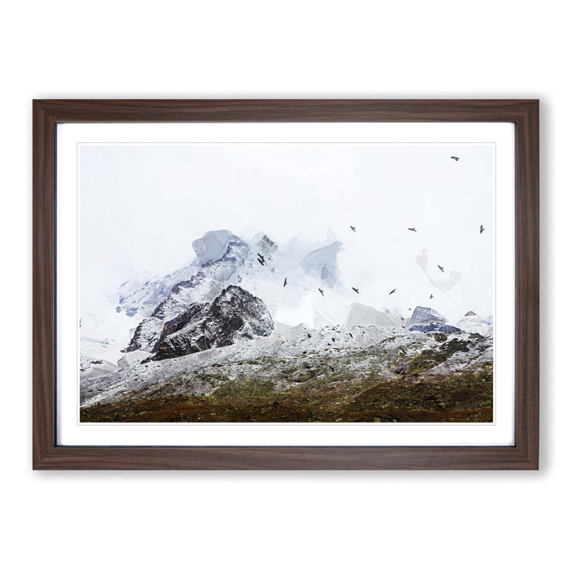 The Swiss Alps with a Flock of Birds in Abstract - Picture Frame Graphic Art Print, 50cm H x 76cm W x 2cm D, Walnut
