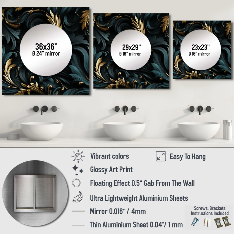 Paisley noir et or élégant ébène - grand miroir carré bohème et éclectique pour décoration murale, 23 po x 23 po