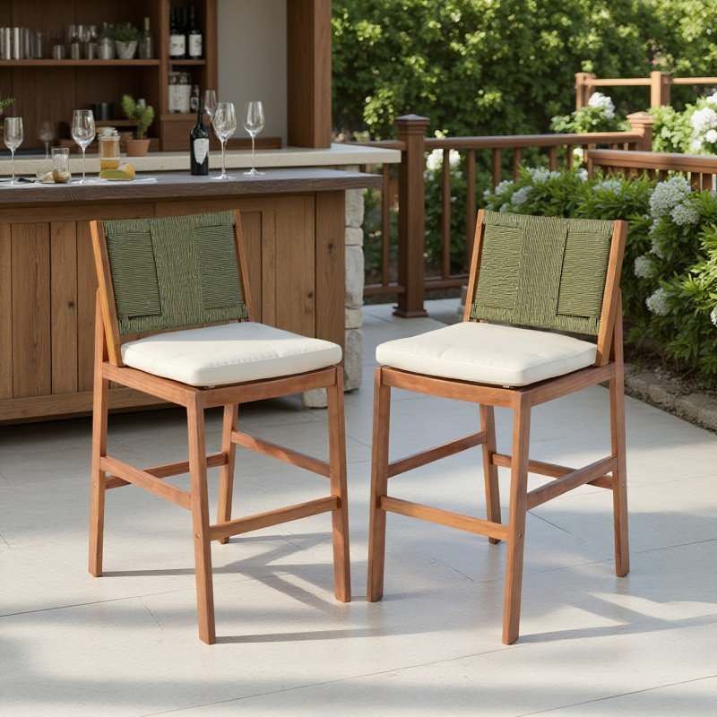 Tabourets de bar en bois d'acacia au fini teck avec dossier en osier confortable pour l'extérieur, Green