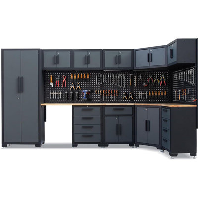 Garage Storage Cabinet, Workshop Set Garage Cabinets and Storage System with Corner Cabinet, Pegboard for Garage Tool Organization