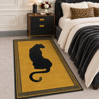 Tapis Panthère Noir/Léopard 90x150 cm - Grand tapis lavable pour entrée, cuisine, salon, salle à manger, chambre à coucher, antidérapant à poils courts (noir/or)