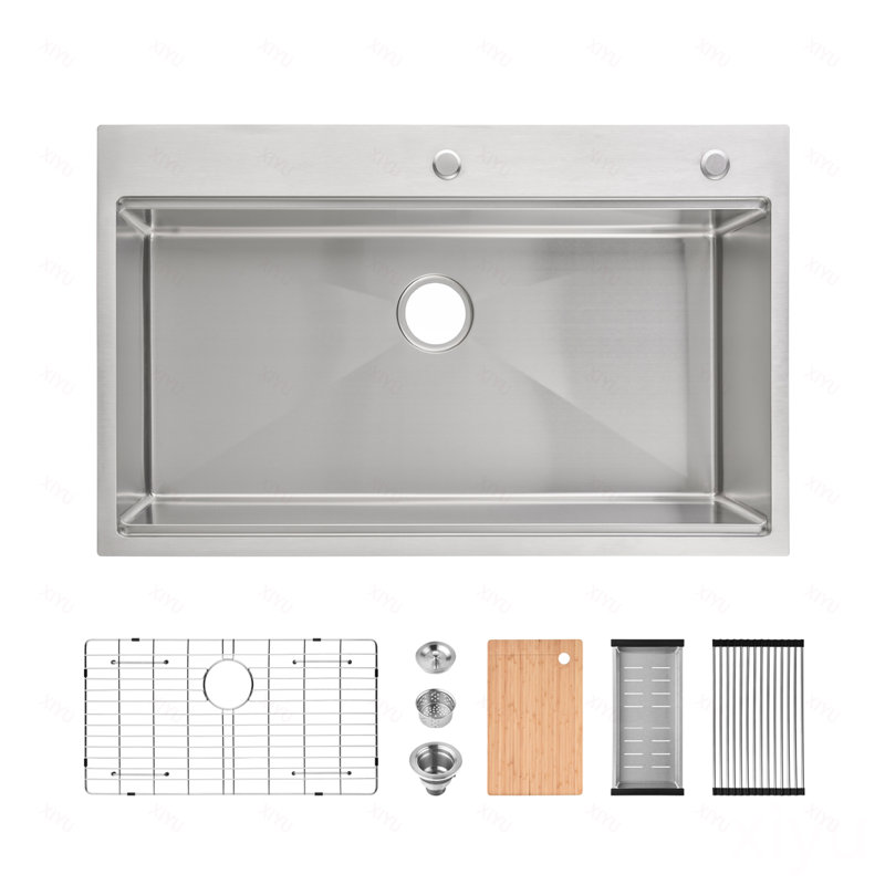 Évier de cuisine en acier inoxydable, bol simple 36 po x 22 po, lavabo sur pied fait à la main brossé, avec planche à découper, passoire, grille