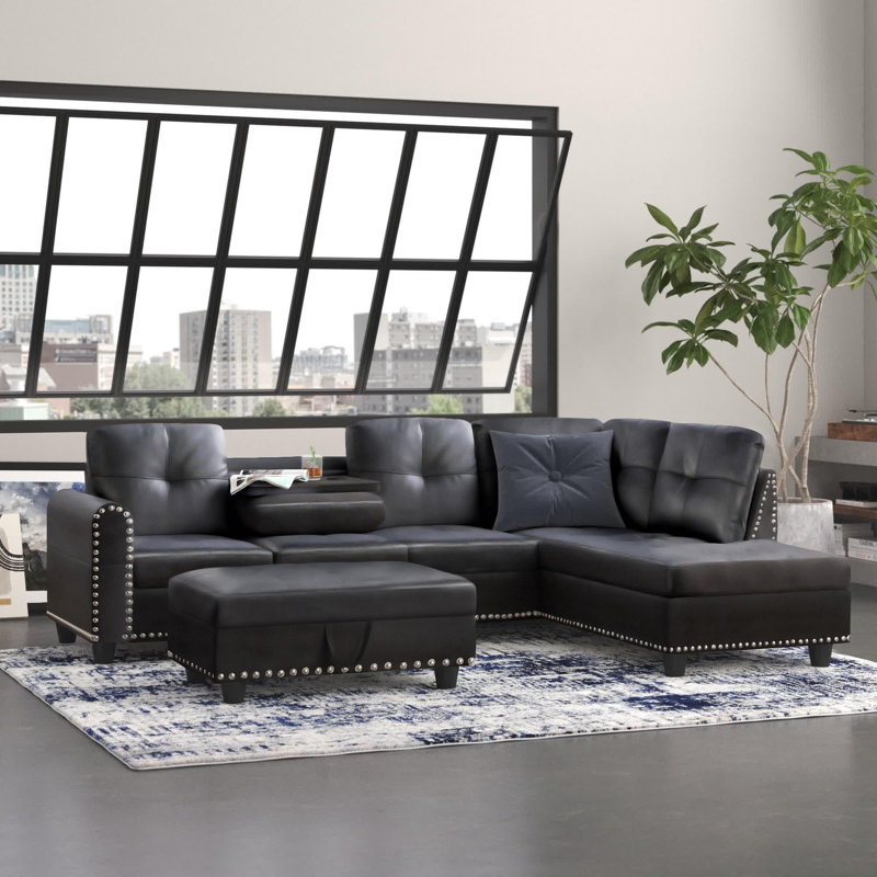 Canapé modulaire avec repose-pieds Plyler, Similicuir noir, Orienté à droite