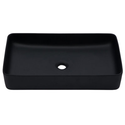 Rectangular Black Vessel Ceramic Bathroom Sink 24"X13.5", European Contemporary Style, Low Water Absorption, Smooth Surface, Above Counter Installation Inspired Finish, Setup