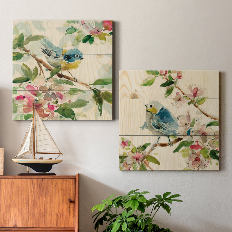 Birds and Blossoms I - 2 pièces, reproduction d'art sur toile tendue, H 32 po x l 64 po x P 1 po