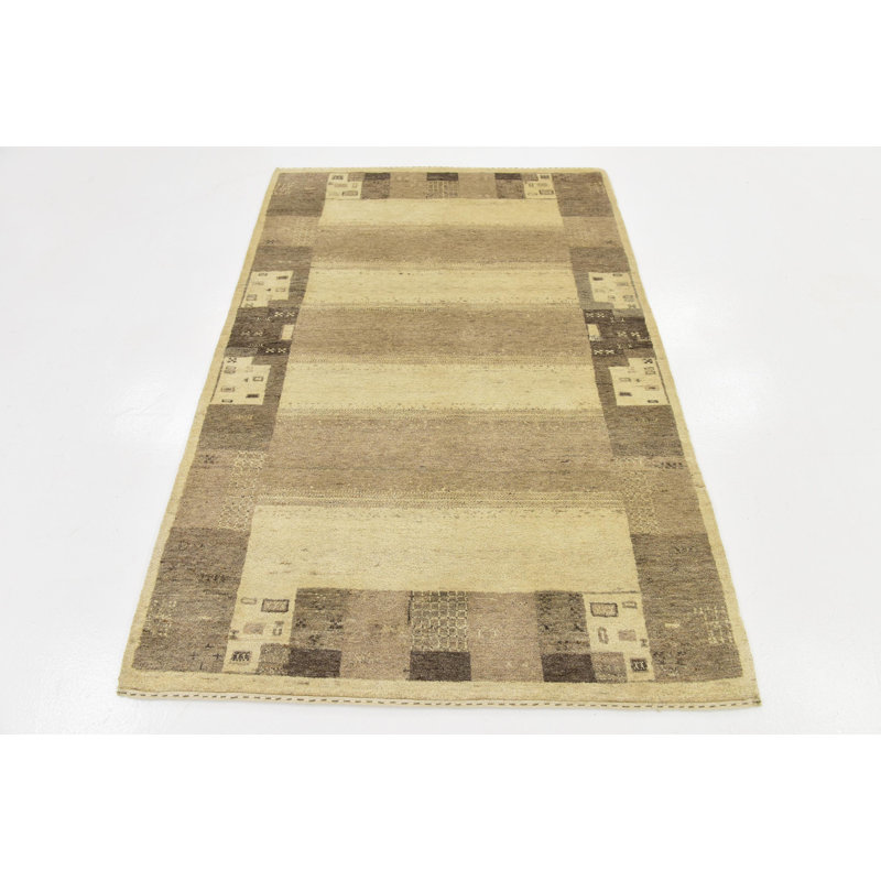 Tapis en laine brun/crème 4 pi x 6 po à la main one-of-kind noué la Didcot