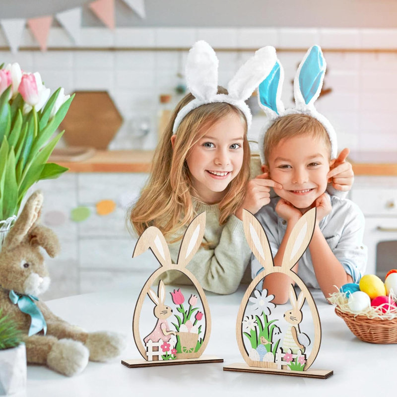 2 pièces décorations de Pâques pour la maison en bois signe lapin de ferme avec œuf de Pâques plateau à plusieurs niveaux décorations de printemps pour la table