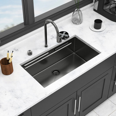 Gunmetal Black 33" Undermount Kitchen Sink, 16 Gauge T304 Stainless Steel With Pull - Down Faucet And Waterfall Design 33 X 17.09 10 Inch Sink In Black, Style