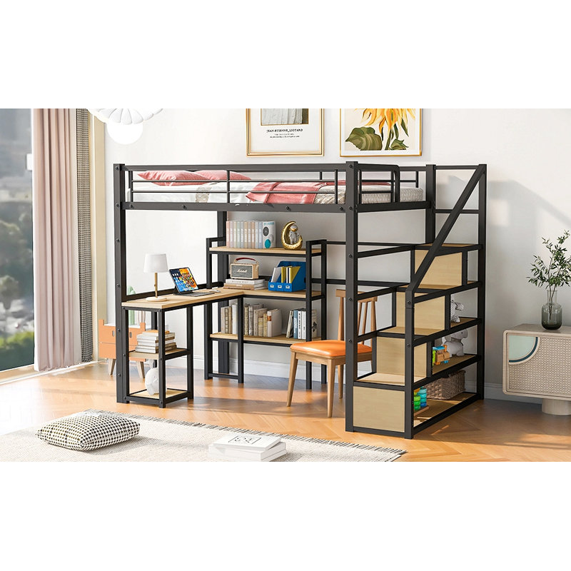 Lit mezzanine en métal avec escalier, bureau intégré et tablettes, Lit double